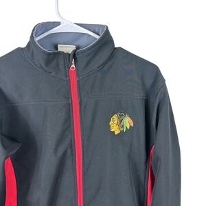 NHL Chicago Blackhawks Jacket Mens M Black Red Zip Softshell Fleece Outdoor